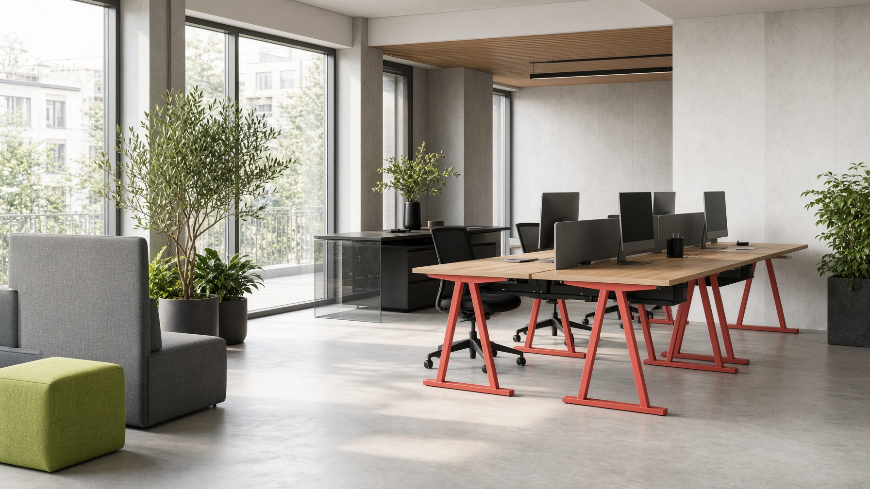 CHiC modular office with sit-stand desks and lounge seating