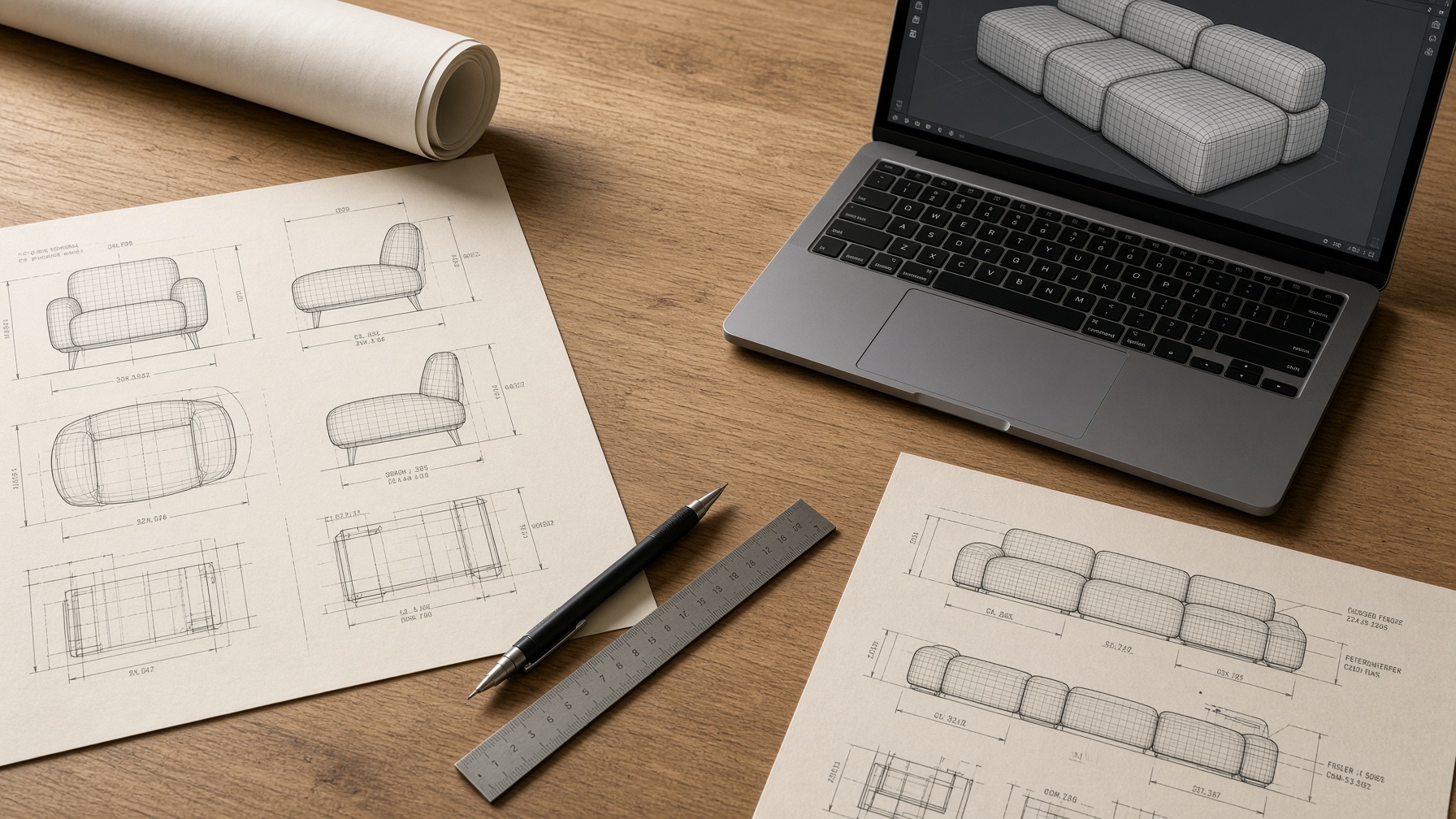 Furniture CAD drawings and 3D files on a drafting table